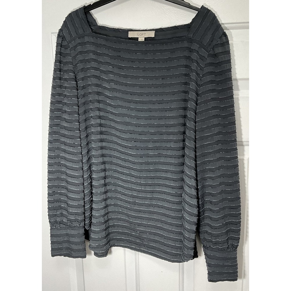 Loft Gray Striped Long Sleeve Square Neck Pullover Blouse Top Women's XL